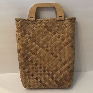 Handwoven Rectangular Deep Tropical Purse Bag with Wooden Handles 15”x13”